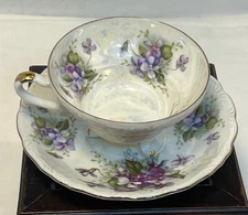 Vintage Del Mar Japan Painted Footed Teacup Saucer Violets Lusterware 24k 1960s