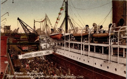 AK GREETING FROM EMDEN HARBOUR STEAMER HAMBURG AMERICA LINE COL. 1931 LOWER SAXONY