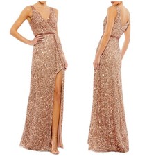 Mac Duggal NWT V-Neck High Slit Sequin Beaded Wrap Gown Copper Size 0 Iridescent
