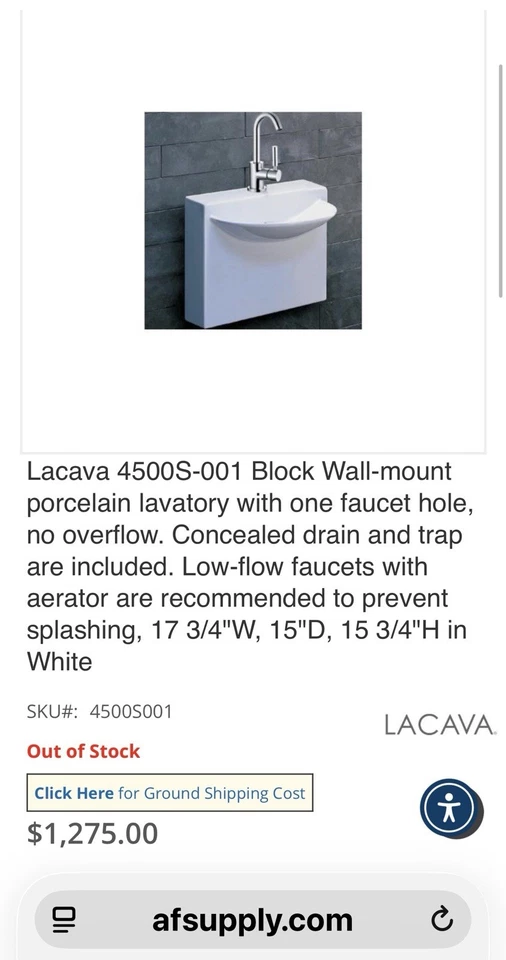 LACAVA Bloque 17 3/4" Montaje en Pared Porcelana Baño Fregadero Un Grifo Agujero 4500S Foto 3 de 4