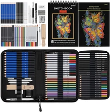 Prina 76 Pack Drawing Set Sketching Kit, Pro Art Supplies with 3-Color Sketchboo