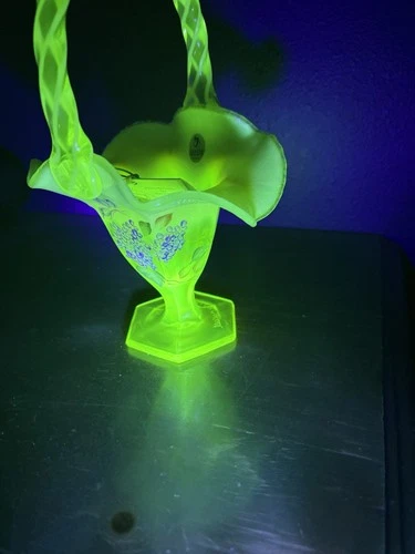 Fenton Glass Lime Green  10" Basket with HP Hydrangeas Flowers Uranium Glass