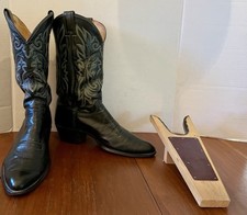 Vintage JUSTIN Cowboy Boots Mens 9.5D Black Goat Leather Embroidered w Boot Jack