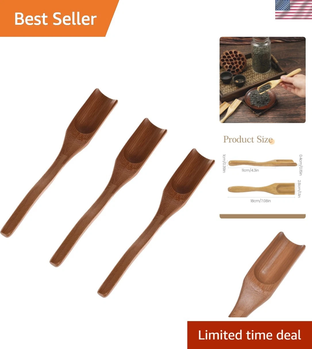 3 Pieces Wooden Loose Tea Scoops, Natural Bamboo Wood Spoons for Scooping Cof...