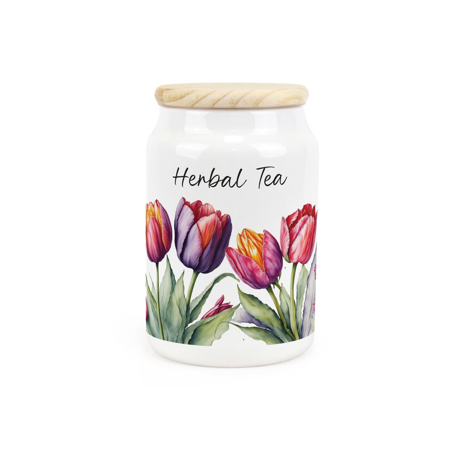 Tulips Ceramic Tapered Herbal Tea Canister - Spring Flowers Kitchen Storage Jar
