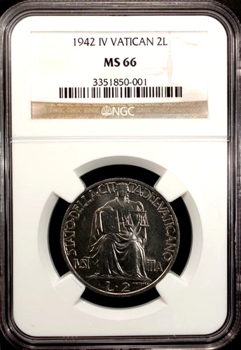 Vatican 2 Lire 1942 IV NGC MS 66 UNC Stainless Steel, Pope Pius XII