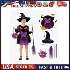 4pc Girls Purple Witch Costume Set Dress, Hat, Purse, Broom Size Medium