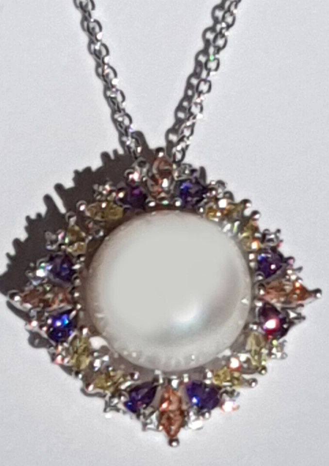 Cultured Pearl Solid Sterling Silver Gemstone Pendant 45cm Silver 925 Necklace - image 3 of 4