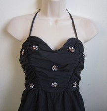 ZARA Women Stones Halter Dark Blue Banded Legs Chiffon Romper Jumpsuit Size M