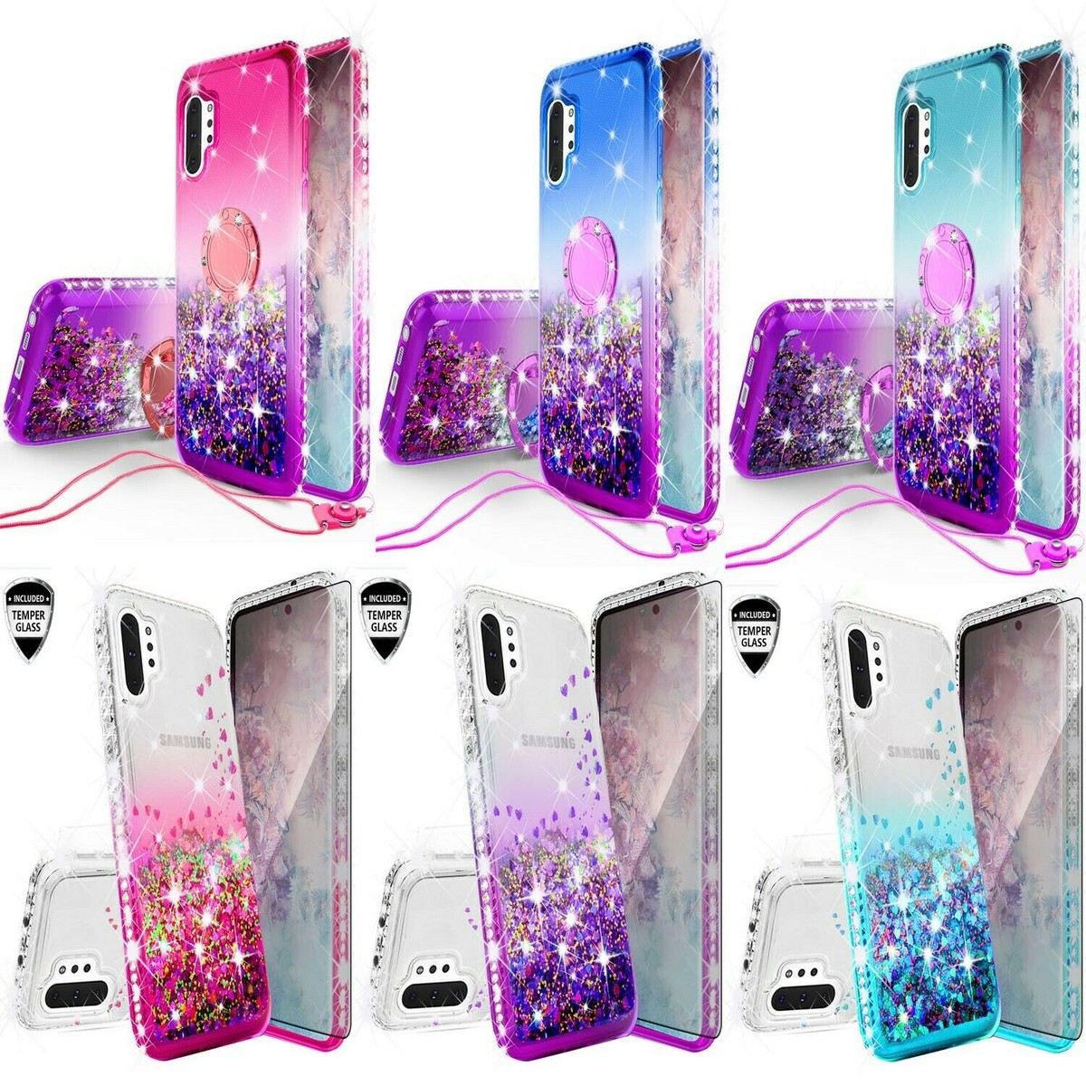 for Samsung Galaxy Note 10+ Case Hybrid Liquid Glitter Bling Diamond Phone  Cover