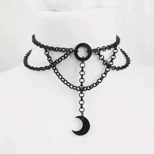 Gothic Black Crescent Moon Pendant Choker Necklace, Vintage Style Collar Necklac