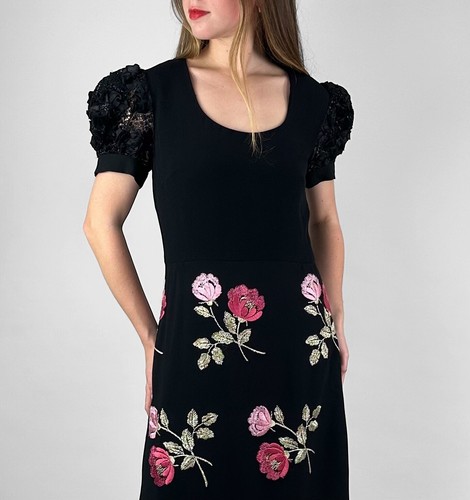 70's Vintage Black Crepe Floral Pink Embroidery Short Sleeve Maxi Dress Party - Picture 4 of 5