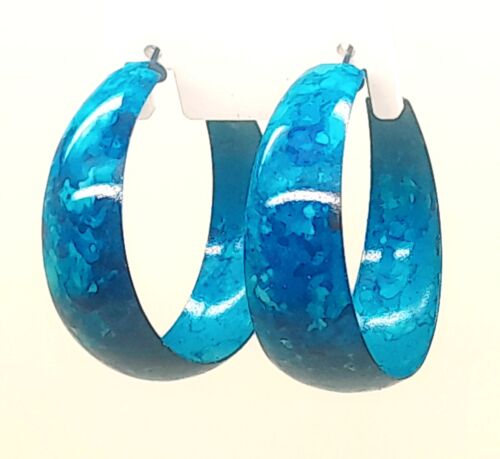 chunky wide light weight style blue enamel multi tie die color hoop earrings - Picture 1 of 4