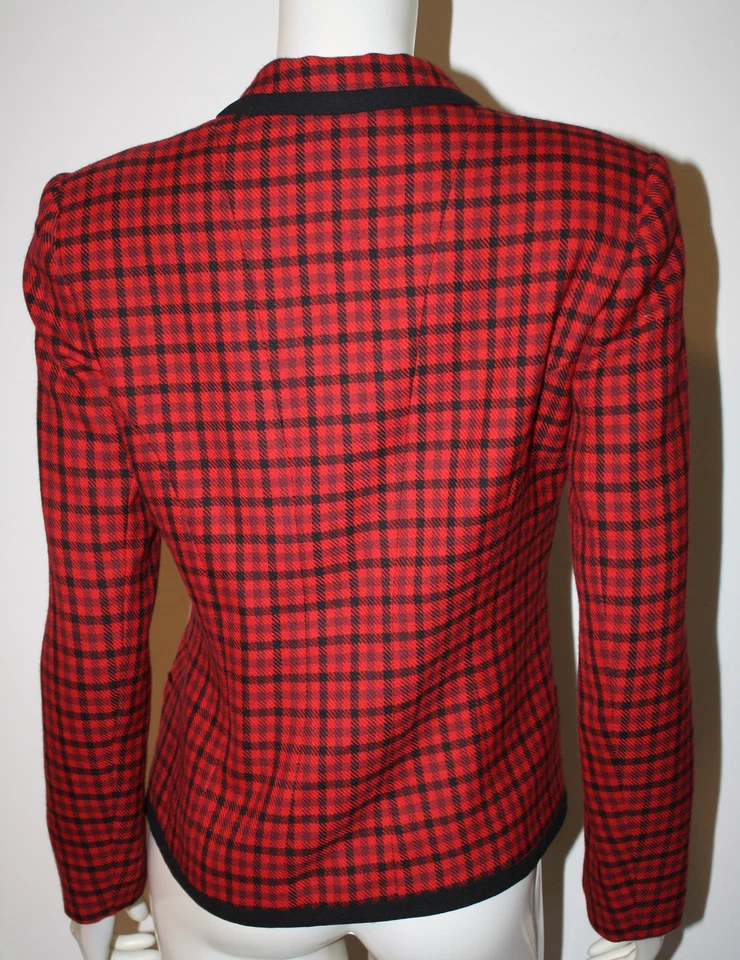 VINTAGE GEOFFREY BEENE Red Black Plaid Check Wool Jacket Blazer 6 - Image 3 of 4
