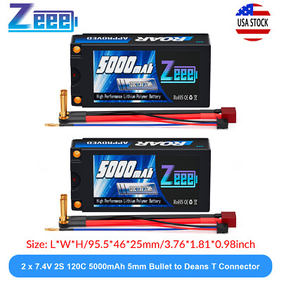 Zeee 2S Lipo Battery 5000mAh Roar Approved 7.4V 120C 5mm Bullet Deans for RC Car