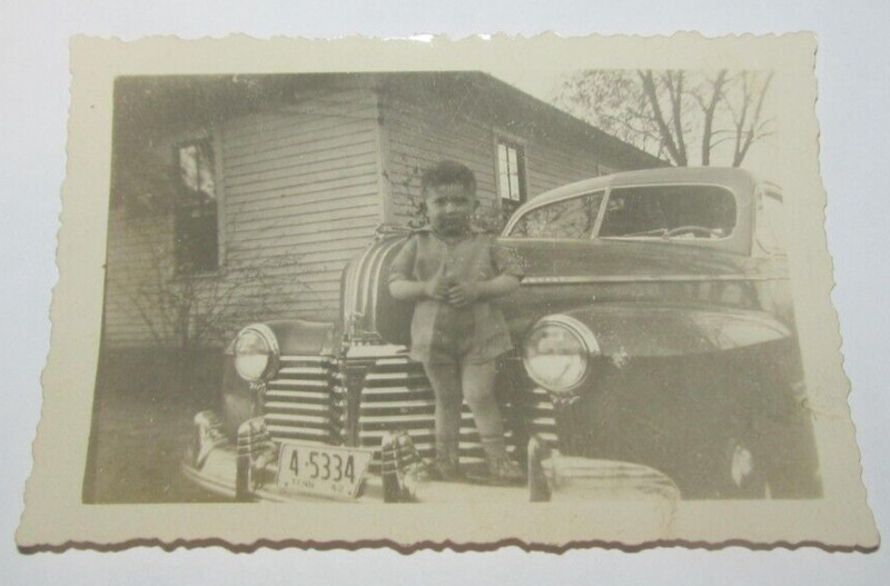 Vintage B & W Photo Little Boy Background Vintage Car Tennessee Plate Portrait