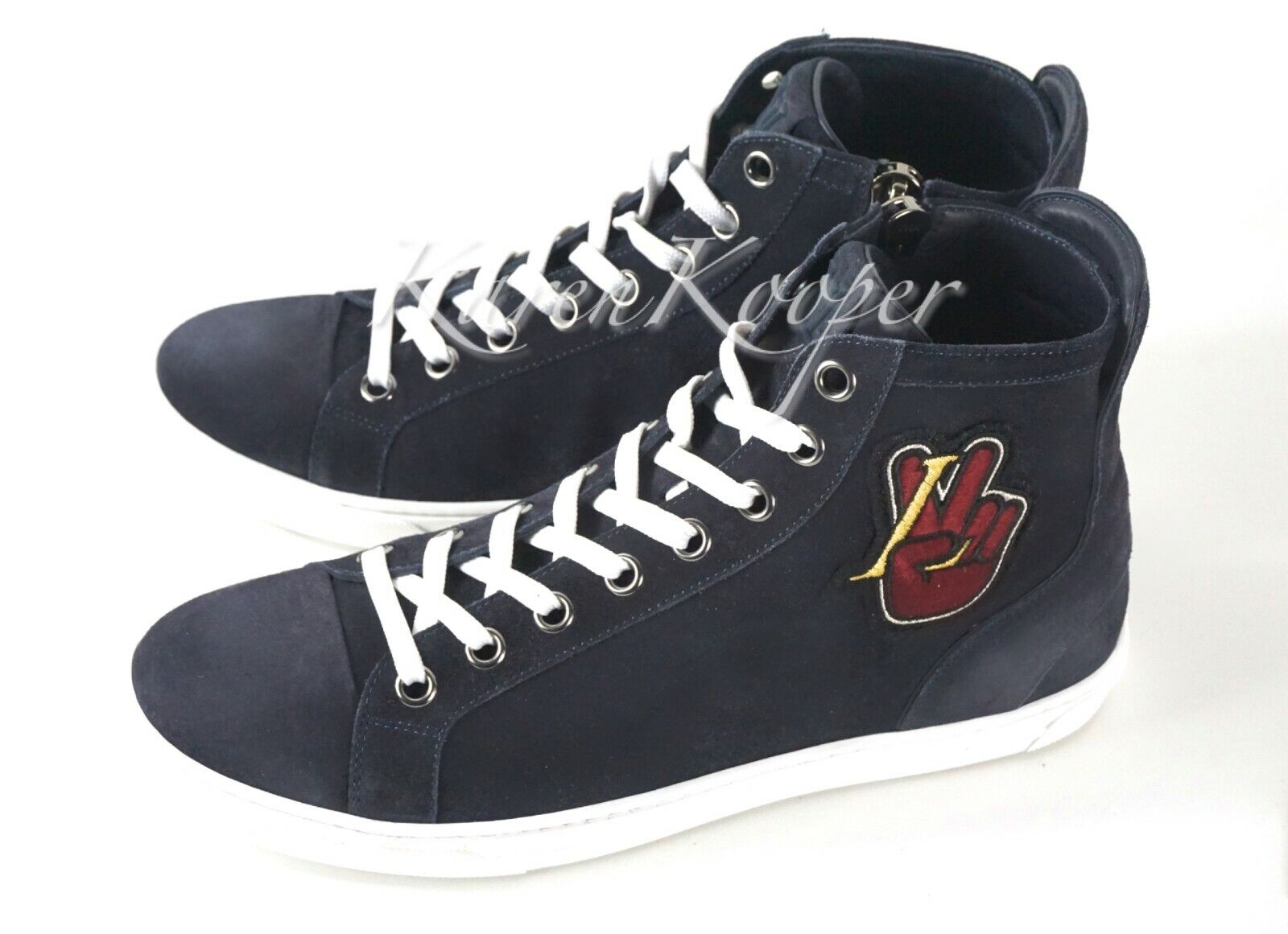 NEW AUTH LOUIS VUITTON ZIP UP MEN PEACE SIGN BLUE HIGH TOP SNEAKERS LV 7/8  US