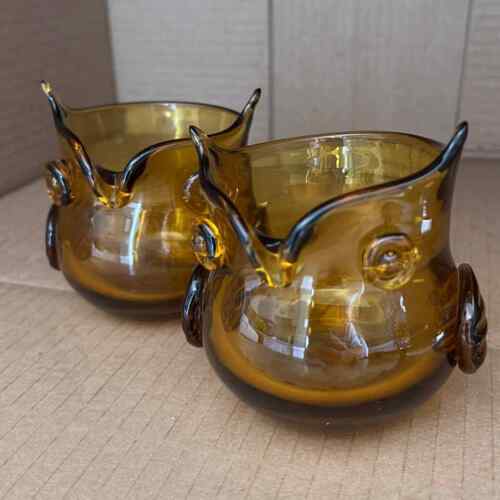 Vintage set of 2 Blenko blown glass amber owls 4” pouring spout candle holders