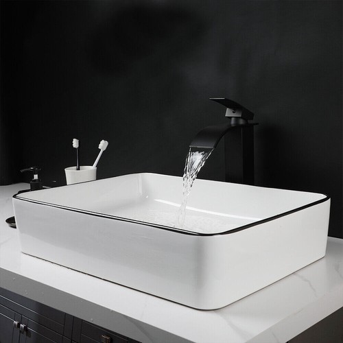 US Ceramic Sink Bathroom White Rectangle Basin Waterfall Deck Mounted Mixer Taps - Picture 6 of 12