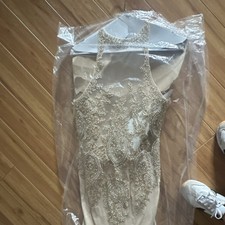 Sherri Hill Sleeveless Beige Gold Embellished Lace Bridesmaid Dress Size 4