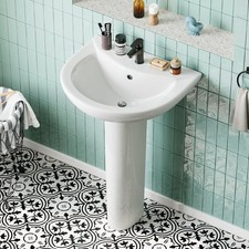 White Ceramic Pedestal Combo Bathroom Sink in U-Shape Design with Overflow