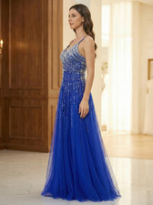Prestige Dresses Royal Blue Beaded Sequin Tulle Maxi Prom Evening Gown
