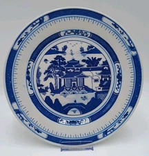 Chinese Blue Canton Dinner Plate - Porcelain Blue & White Hand Painted 10" Plate