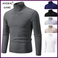 New Men's High Neck Sweater Solid Color Pullover Knitted Warm Casual Turtleneck