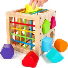 HELLOWOOD Montessori Toys for 1 Year Old, Wooden Sorter Cube with 8pcs Rattl...
