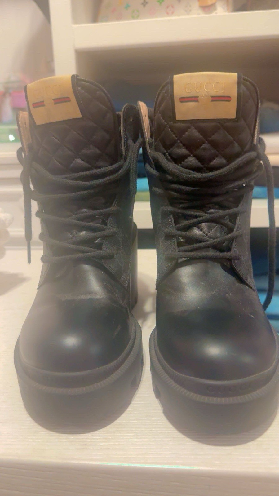 Gucci Women’s Black GG Leather Quilted Logo Lace-Up Platform Ankle Boots