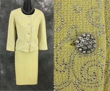 BEAUTIFUL St John evening knit yellow green embellished jacket dress suit 10