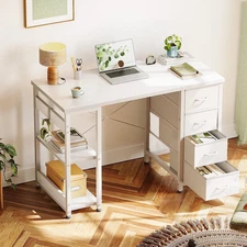 Computer Desk 40 Inch White Wood With 4 Drawers Table Office Work Study Home