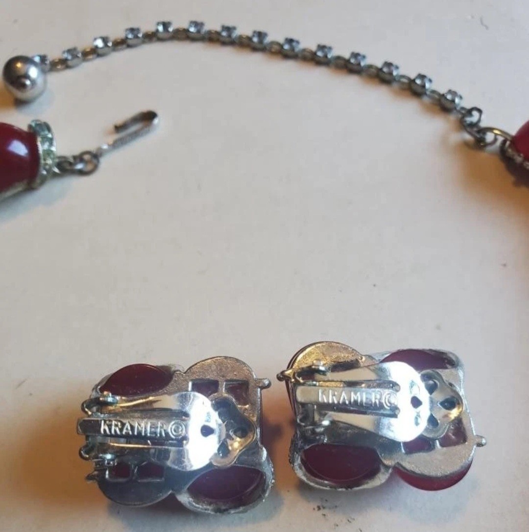 Kramer Necklace Earring Set w/ Ruby Red Moonglow … - image 9