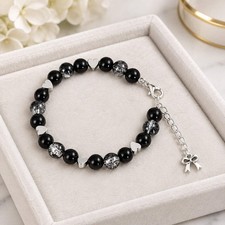 Black Glass Beaded Memory Wire Bracelet &ndash; Crackle Glass, Silver Hearts & Ribbon