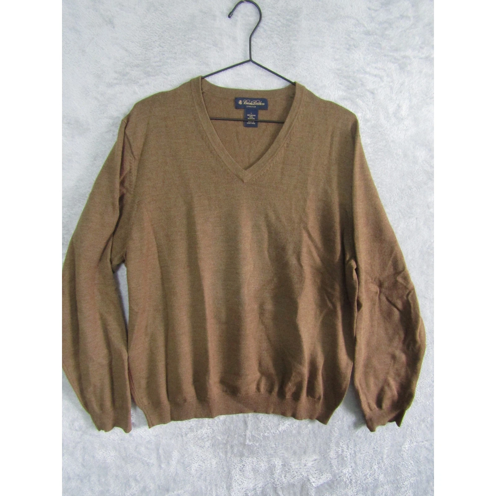 Brooks Brothers Merino Wool Stretch V-Neck Sweater Mens Large Brown Long Sleeve