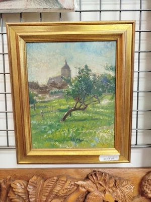TABLEAU HUILE sur PANNEAU Verger et Eglise Peinture HSP 12MAG 23/07 - Photo 1/4