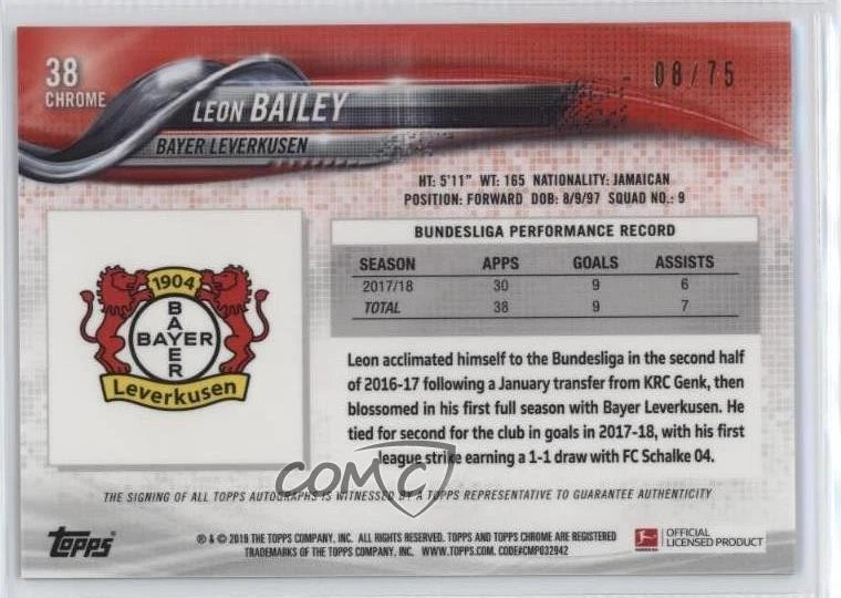 2018 Topps Chrome Bundesliga Blue Wave Refractor /75 Leon Bailey Rookie Auto RC - Image 2 of 2