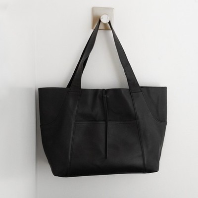 ZARA Black Tote Shoulder Bag Tie Closure Solid Rectangle Faux Leather Large