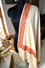 KASHMIRI INTRICATE BORDER EMBROIDERY DAUR off white SHAWL WOOL PASHMINA WRAP