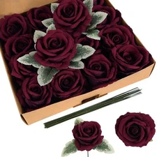 16pcs Burgundy Velvet Rose Artificial Flowers 3.93" Large Fake Rose Bulk Real...