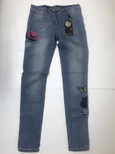 NWT Vigoss Girl's Stretch Floral Embroidered Blue Denim Jeans Sz 16 / 26x30 $36