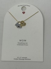 NEW 14k Flash Gold Plated "Mom" 16" Necklace with 2" Extender and 2 Heart Charms