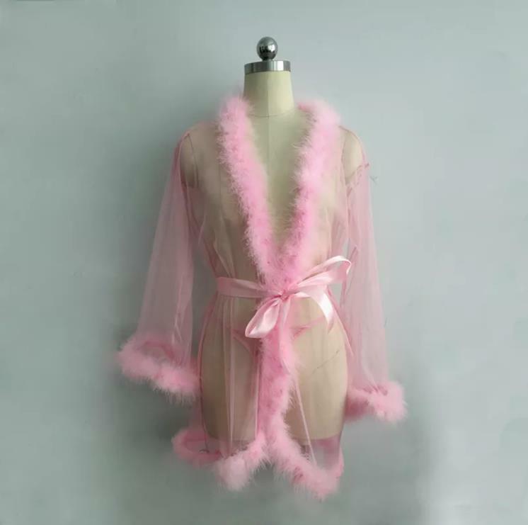 Women Bathrobe Lace Fur Sleepwear Robe Sexy Lingerie G-String Babydoll ...
