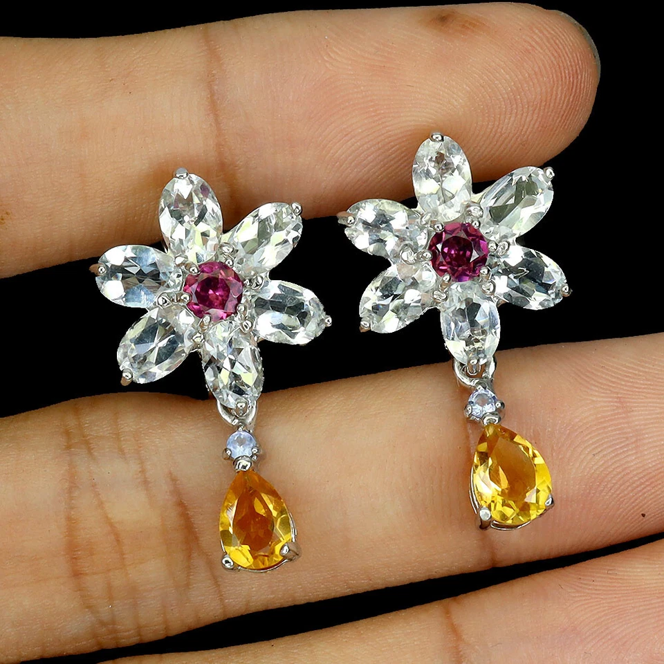 925 Sterling Silver Earrings Pear Citrine Aquamarine Tanzanite Gemstone Jewelry - Image 2 of 4