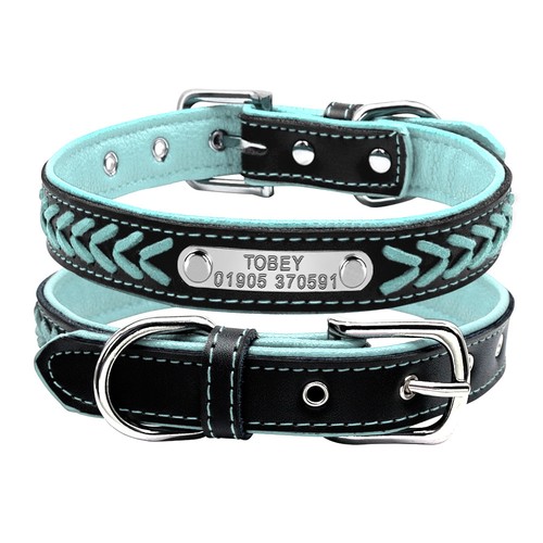 Personalized Dog Collar Braided Leather Padded Name ID Tag Engraved Free XS-XL - Picture 5 of 19