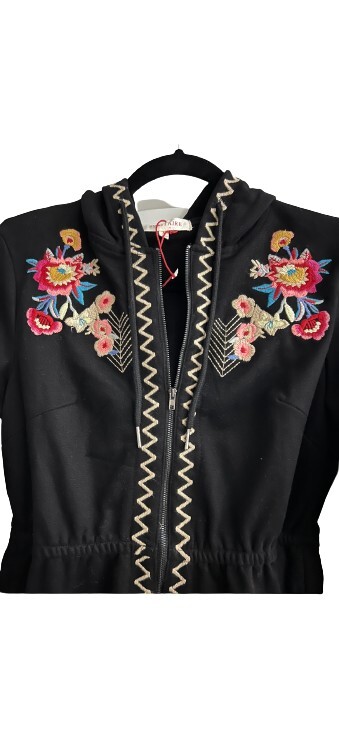 Solitaire Long Zip Up jacket Black/Embroidery Flo… - image 3