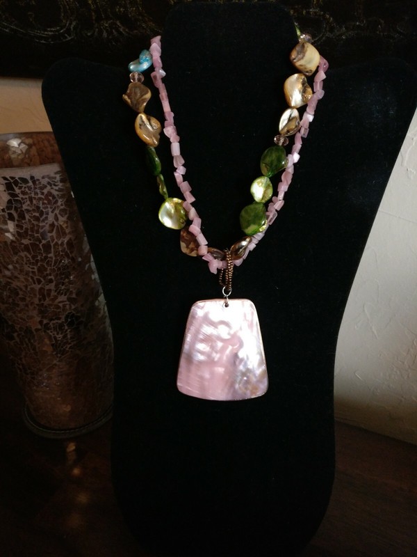 Pink Gold Tone Rim Mother of Pearl Green Tan Blue Bead Multi Strand Necklace