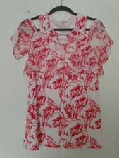 Fever Women's S Mini Shift Dress White Red Leaf Print Cold Shoulder Stretchy