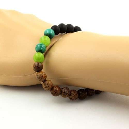 Bracelet Beads Malachite From Congo + Peridot + Black Onyx Matt + Wood 8 Made IN - Picture 2 of 7