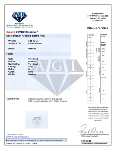 3.0 CT NATURAL DIAMOND H/VS2 ROUND CUT PLATINUM SIX-PRONG CLASSIC SOLITAIRE RING - Picture 4 of 4